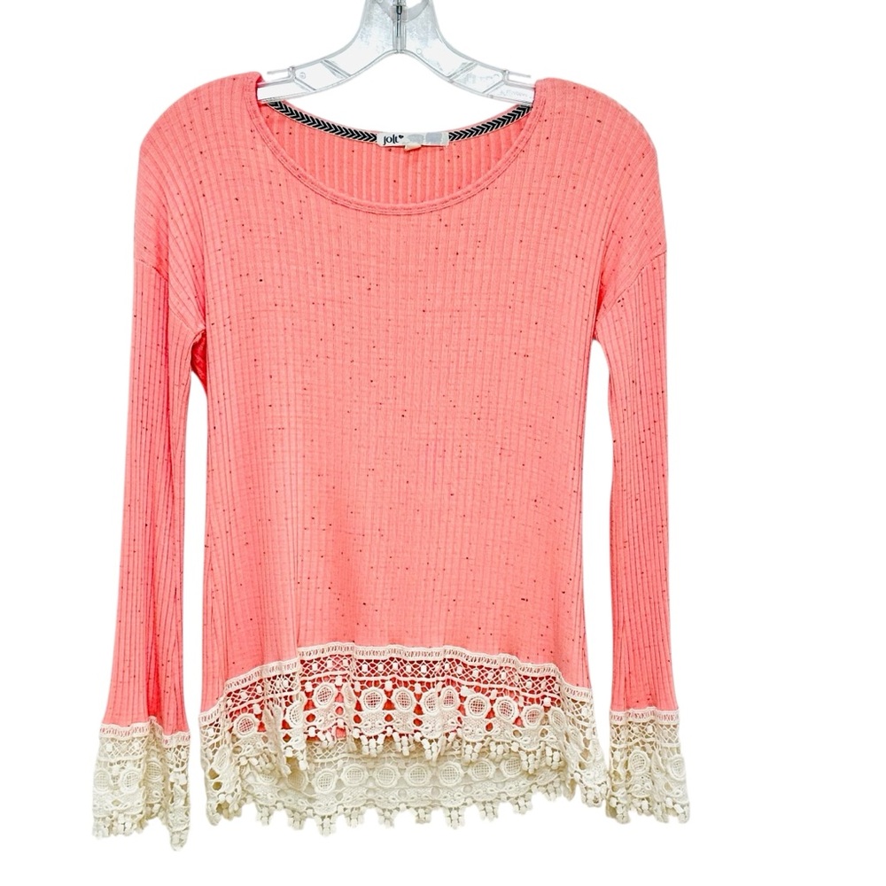 Coral pink speckled long sleeve shirt with crochet accents sz s